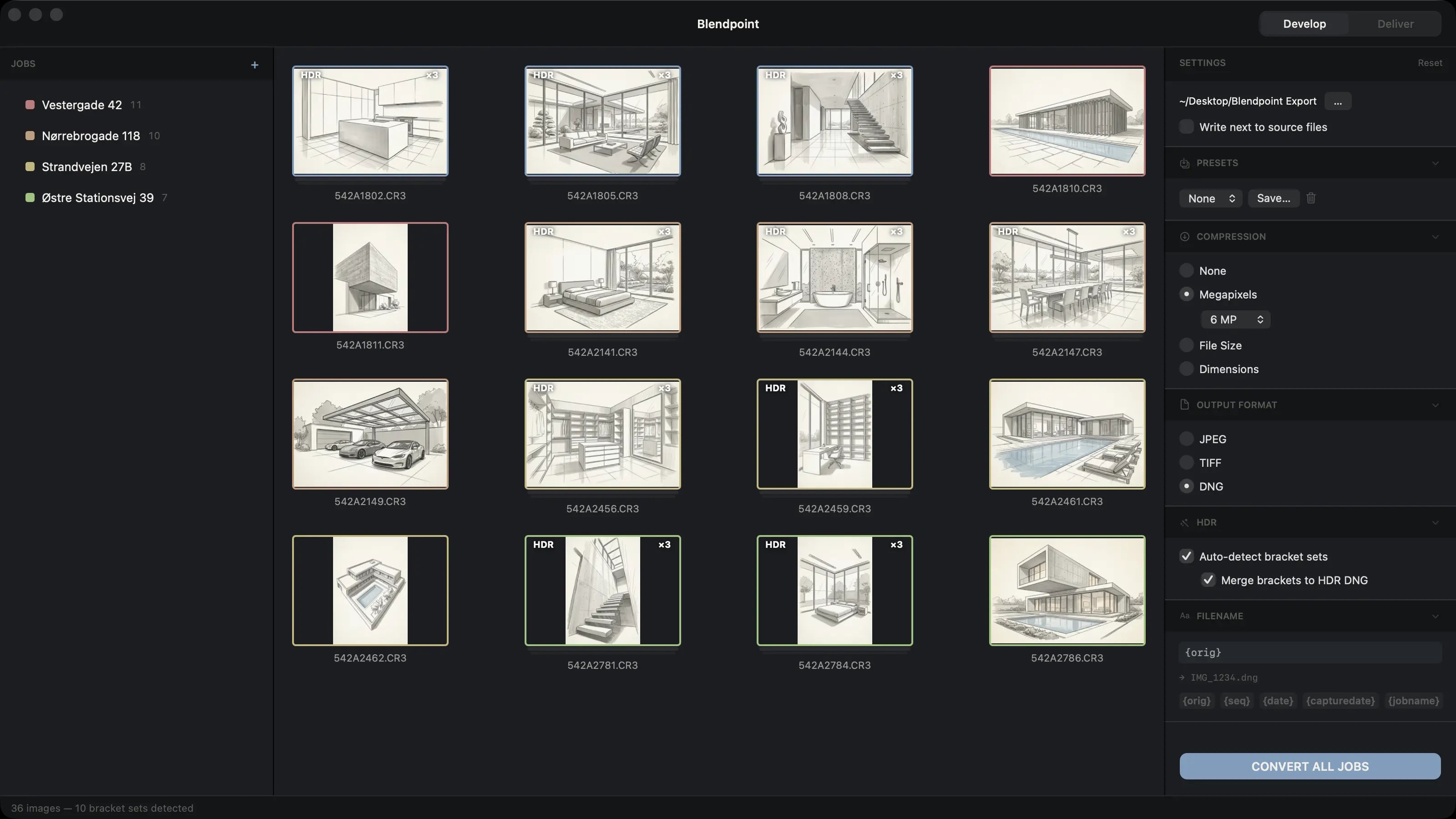 Blendpoint interface showing the Develop workspace after importing a real-estate shoot — 36 RAW files with 10 bracket sets detected automatically, each stack badged HDR and ready to merge to DNG